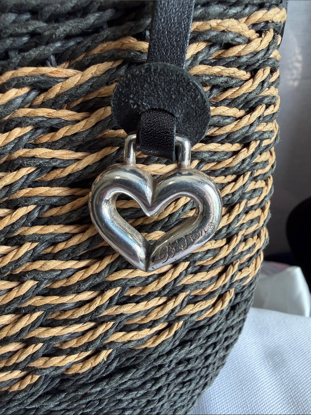 Brighton Black and Natural Braided Straw Shoulder Bag with Heart Charm - Picture 2 of 11